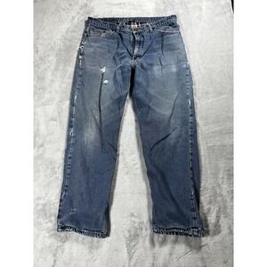 Full Blue Flannel Lined Denim Blue Jeans Men's Size 38x32 Work Jeans Distressed